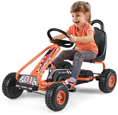 GOPLUS Gokart mit verstellbarem Sitz, Tretauto mit Handbremse und geschlossener Kettenabdeckung, Vor- und Rückwärtsgang, Tretfahrzeug für Kinder ab 3 Jahre bis 30 kg (Golden)