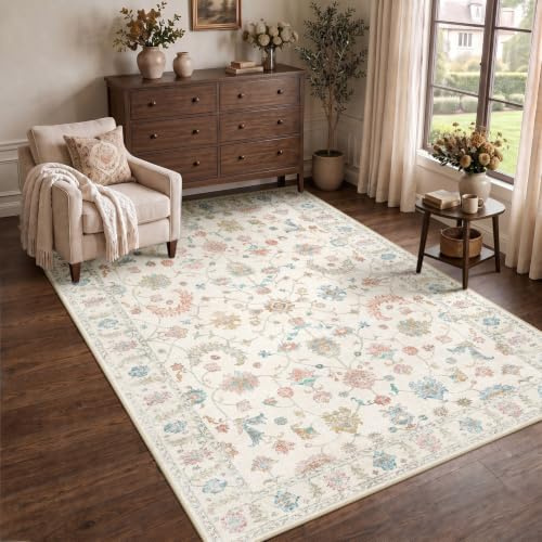 INOVADAY Washable Rug Vintage Boho 90x150 cm Cream White Living Room Rug | Bedroom, Kitchen, Hallway, Dining Room, Indoor, Home Office, Bedside, Non Slip, Low Pile, Print Pattern, Soft, Easy to Clean