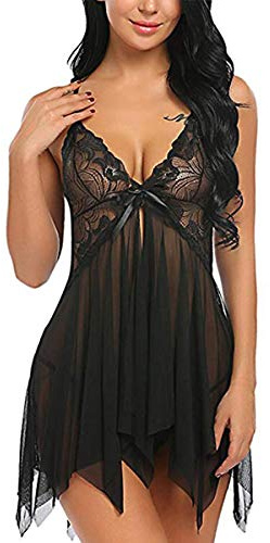 SEDEX Babydoll Lingerie Sexy Intimo Donna Biancheria Intima Confortevole Stile-Anteriore Aperto Grande Size Pizzo Lace Lingerie Trasparente Aperto G-Stringa(Nero,XL)
