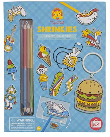 Big Game Toys~Ultimate Shrinkies Shrinky Art Shrink Film Kit Boy Dinks Zipper Pull Keychain Space Ship, Skate Boards, Robots, Guitar, Ice Cream
