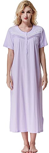 Keyocean Chemise de Nuit Femme Coton Longue Robe de Nuit à Manches Courtes | Nuisette Été Doux Ample, Vêtements de Nuit avec Boutons, Nightgown Léger