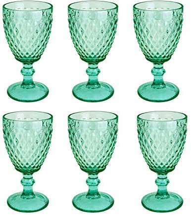 Juego de 6 copas de vino y vasos de colores vintage con patrón de diamantes (red turquesa), vasos de cóctel con relieve, cristal, copas de vino, copas de agua, copas de cristal