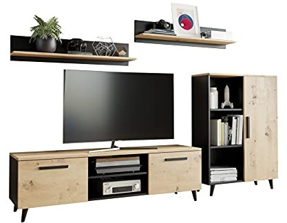 MATKAM Juego de Muebles de salón Oslo, 4 Piezas, 1 x cajonera TV H47 x A150 x P40 cm, 1 x cajonera salón H112 x A80 x P30 cm, 2 x estantes Colgantes H20 x A100 x P20 cm (Roble Artisan-Negro)