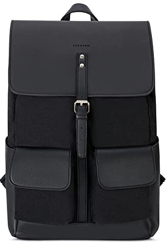 Rucksack Damen aus Baumwoll Canvas & veganem PU Leder Schwarz - Expatrié Laurent Daypack Groß - Leder Damenrucksack Elegant - Tagesrucksack 15l Tasche mit Magnetverschluss