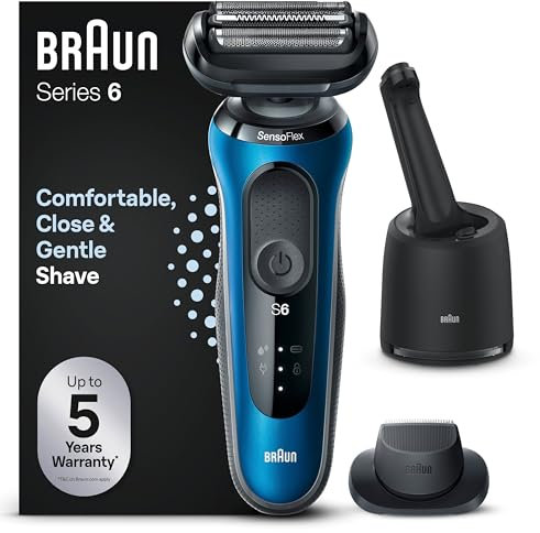 Braun Series 6 Elektrorasierer mit EasyClick-Präzisionstrimmer-Aufsatz, SensoFlex Rasierer Herren mit Reinigungsstation, Wet&Dry, Geschenk Mann, Made in Germany, 61-B7200cc, Blau