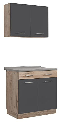 Homestyle4u Küche Küchenzeile Küchenblock Eiche Holz Grau Einbauküche Single Küchen Schränke 80 cm | Artikel 2361