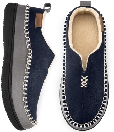 EverFoams Men's Micro Suede Memory Foam Moccasin Slippers with Fuzzy Sherpa Lining and Anti-skid Sole Size Navy,9 UK