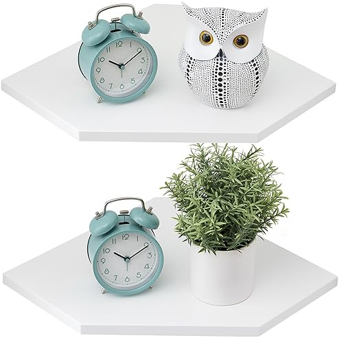 Gieanoo White Corner Shelf,10inch Floating Wall Shelf with Wire Hole 2PCS | Oak Wood,Corner Shelf Wall Mount,Round End,Floating Speaker Small Corner Plant Stand for Bedroom,Kitchen, Living Room