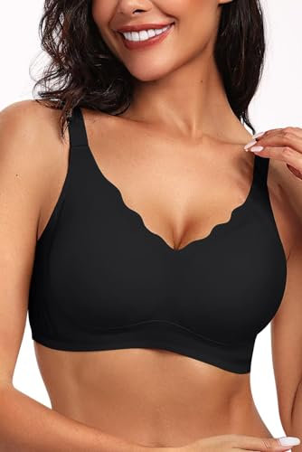 Vertvie Bras for Women Non Wired Seamless Wireless Push Up Bra Comfort Support Full Coverage Bralettes Scalloped Padded Sports Everyday Bra (Black,M)