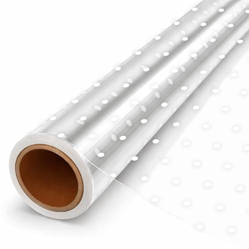 Cellophane per Cesti Regalo (40CM x 15M) - Pois Bianchi Carta trasparente per Confezioni Natalizie - Cellophane Trasparente per Regali di Natale, Ceste Regalo e Imballaggio
