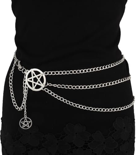 Milakoo Y2K Stil Kettengürtel für Frauen Silber Pentagramm Stern Anhänger Mehrschichtige Ketten Link Gürtel