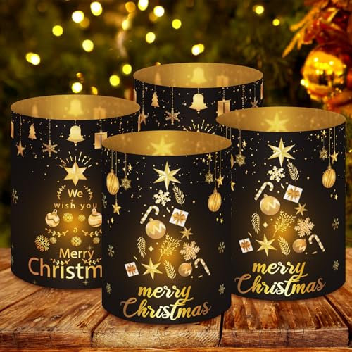 Windlicht Tischdeko Weihnachten, 12 Stück Tisch Windlichter Deko Weihnachten 2 Muster Windlicht Weihnachtstisch Dekoration PVC Teelichthalter für Party, Esstisch, Teelichter und Kerzen - schwarz
