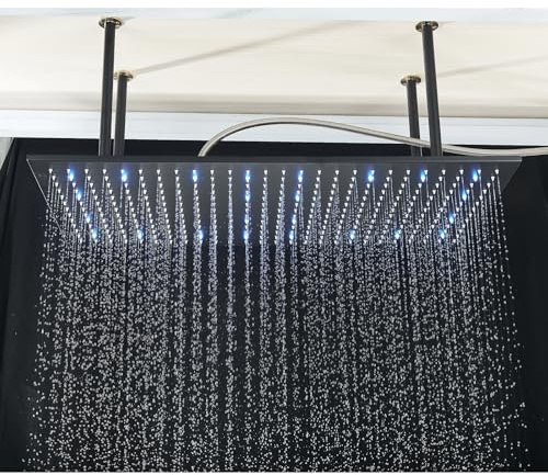 TVTIUO Cabezal de Ducha Cuadrado, Ducha de Lluvia con LED, Cabezal de Ducha a Escala Resistente al Agua, Negro, 40x80cm