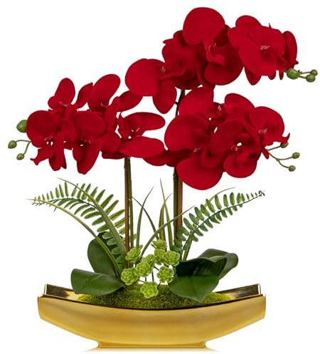 Briful Arreglo de flores artificiales de Phalaenopsis de 43 cm, bonsái de orquídea artificial en maceta dorada brillante, flores falsas de orquídea de seda de terciopelo para centros de mesa, sala de
