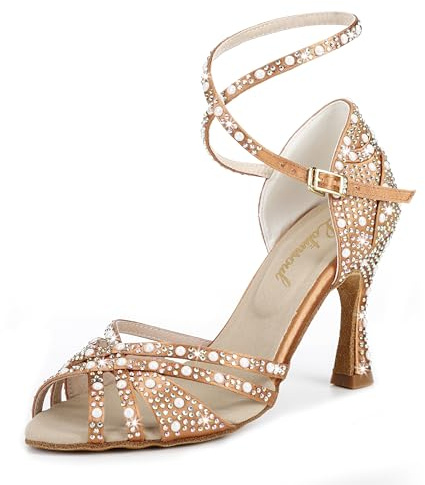 Latinsoul Y205-36 Women's Crystal Rhinestone Latin Dance High Heel Shoes - Stylish Adjustable Strap Design Comfortable Dance Shoes Colour Tan,Size 8 B(M) US/39 EU