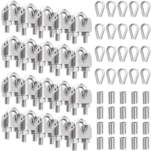 JIEHIN Juego de 20 Abrazaderas de Cable M6 Acero Inoxidable 304 con Guardacabos y Casquillos de Aluminio para Tendedero Toldo Valla Jardín