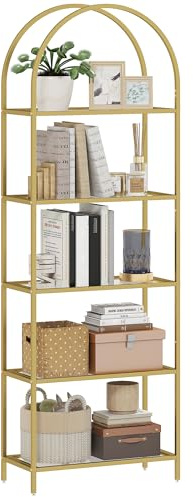 HOMCOM Libreria Scaffale ad Arco a 5 Ripiani, Scaffale Portaoggetti Moderno in Vetro Temperato con Struttura in Acciaio, per Bagno, Soggiorno, Camera da Letto, Studio e Ufficio, 60x30x175 cm, Oro