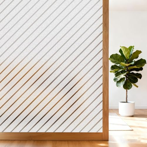 shinfly Lámina para ventanas con rayas diagonales 44.5 x 200 cm - Lámina para ventanas opaca, lámina de vidrio esmerilado autoadhesiva, adhesión estática, anti-UV, protección de la vista y privacidad