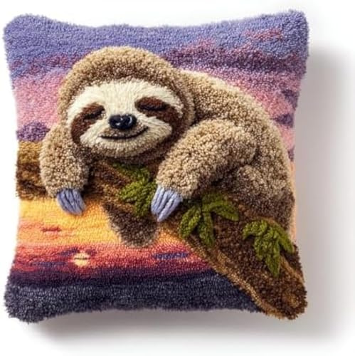 Knüpfkissen-Set,süßes Baby-Faultier,das auf einem Baum unter Sonnenuntergang schläft,mit vorgedrucktem Kissenbezug,DIY-Knüpfkissen,Häkelgarn,Bastelset für Hobby und Heimdekoration,43x43cm,8