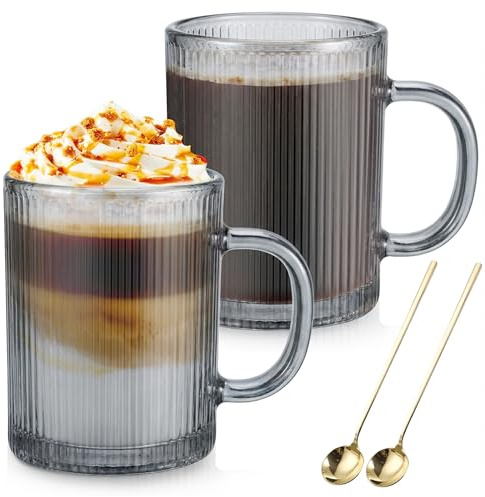 Anhow Set med 2 glaskoppar 350 ml Borosilikatglas med handtag | Glas kaffemuggar frukostkopp, vertikal randdesign, vintage tekoppar för mjölk, kaffe, havregryn - Grå