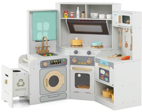 DREAMADE Cuisine d'angle en Bois avec Lumières et Sons Réels, Cuisine de Jeu pour Enfants avec Poubelle, Accessoires, Lave-Vaisselle, Évier, Four et Micro-Ondes, pour Tout-Petits de 3+ Ans (Gris)