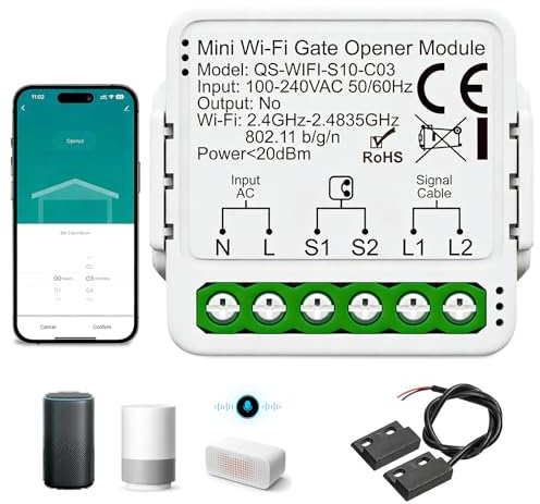 Apriporta da garage WLAN, Smart WLAN, apertura per porta del garage tramite app e controllo vocale, timer, sensore porta, compatibile con Alexa/Google Home