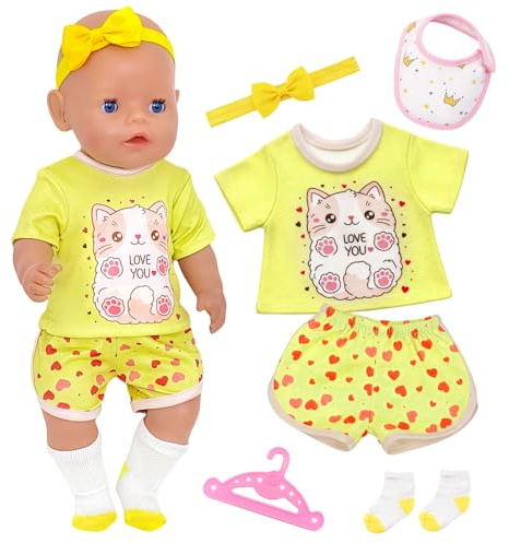 Baby Doll Clothes for 14-18 Inch Dolls, 6 Pcs Kitten Doll Clothes with Tops, Shorts, Hair Bands, Bibs, Hangers, Socks, Yellow Cartoon Doll Clothes Birthday Gifts for Girls
