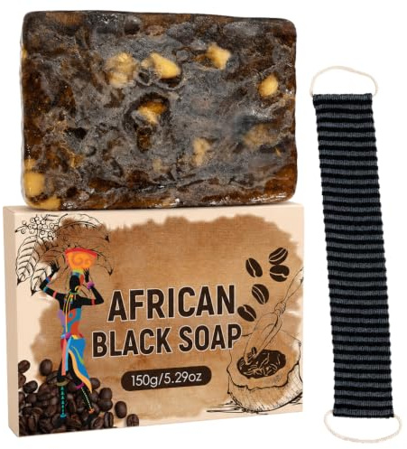 African Black Soap Bar with Exfoliating Net Strap, Raw Black African Soap | Shea Butter & Cocoa Pod Ash, Natural Face Soap and Body Wash Bars for Deep Cleansing Sebum-Rich Skin, 2-Piece Set