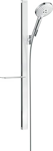 hansgrohe Duschsystem (Duschkopf, Schlauch, Duschstange, Raindance Select S 120 Regendusche 0,90m mit Ablage, 3 Strahlarten) Weiß/Chrom