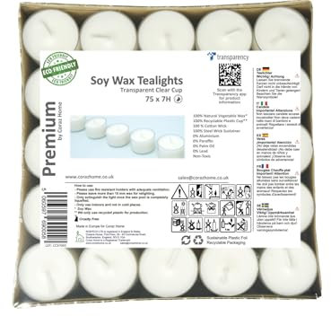 Premium 7 Hours Long Burning Time Pack of 75 Transparent Clear Cup Tea Lights Eco-Friendly tealights White Unscented Night Lights Vegan Soy Wax Candles Non-Toxic