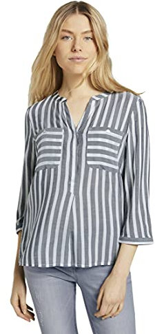 TOM TAILOR Damen Bluse mit Streifen & Brusttaschen, 26940 - Offwhite Navy Vertical Stripe, 42