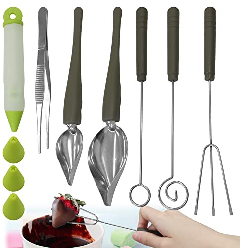 Daily Treasures 7Pcs DIY Decorating Tool Set, 3Pcs Chocolate Dipping Fork Spoons & 2Pcs Culinary Drawing Decorating Spoon with 1 Silicone Cake Decorating Pen & 1 Kitchen Tweezer for Decorative Plates