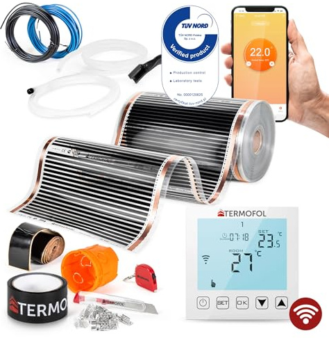 Termofol Elektrisk golvvärme, värmefolie 230 V – med termostat WIFI – effekt 140 W/m2, yta 5 m², golvvärme, elektrisk, komplett set för golv-, vägg- eller takuppvärmning