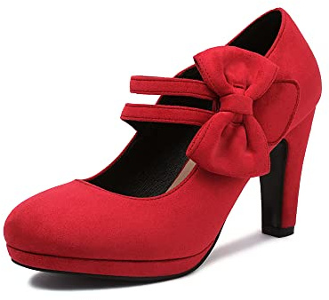 elerhythm Escarpins Mary Jane à talons avec nœud papillon rétro fermé bout rond en daim chic nœud papillon vintage Gatsby Chaussures, Rouge, 39.5 EU