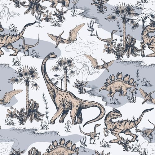 VaryStyle Dinosaurs Peel and Stick Wallpaper Grey/White Hand Drawn Landscape Wallpaper Self Adhesive Whimsical Kids Wallpaper Decorative Contact Paper for Boys Room Playroom Walls Drawers 17.7x118