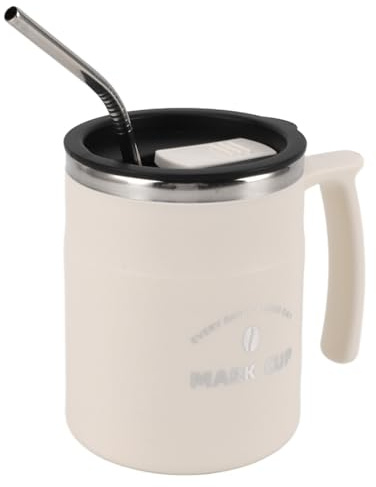 Kaffemugg med Handtag, Rostfritt Stålisolerad Kaffemugg med Lock och Sugrör, Läckagetät Resekaffemugg med Stor Kapacitet, för Kontorsresor Hem (Vit)