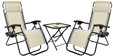 IlGruppone Set di 2 Sedie A Sdraio con Tavolino Zero Gravity Pieghevoli Schienale Regolabile da Esterno con Portabicchieri Poggiatesta Poltrona Sedia Relax Terrazzo Giardino - Set Beige