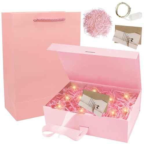 Geschenkbox mit Deckel, Geschenkkarton mit Schleife, Geschenkschachtel, Geschenkkarton mit Kiste+Tasche+Farbband+Licht, Magnetische Geschenkbox mit LED-Licht für Hochzeit Geburtstag Valentinstag