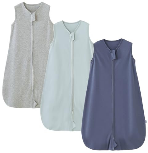 Chilsuessy Sommerschlafsack 2 Stücke Baby Schlafsack Sommer Schlafsack 0.5 Tog 100% Baumwolle Babyschlafsack Ärmellos für Neugeborene, Grau + Grün + Weiß, 84cm/12-18 Monate