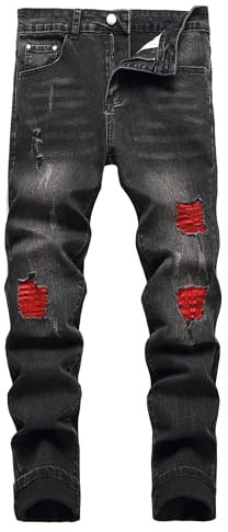 Herr Slim Fit Stretch Jeans Revade Skinny för Män, Bedrövad Rakt Ben Mode Komfort Flex Midja Jeans, Tonåring Casual Mode Designer Klassisk Normal Passform Basic Denim Byxor, E #röd lapp, 46