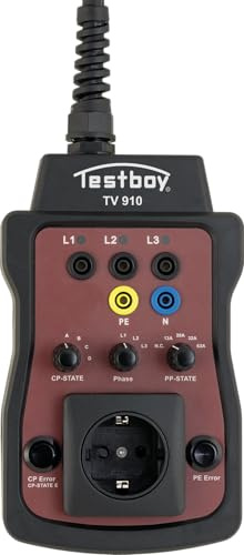 Testboy TV 910 testadapter för laddstationer, EVSE-adapter (för wallboxar med och utan kabel, LED-display och jordat uttag, CAT III 400V, elektrikerverktyg inkl. väska)