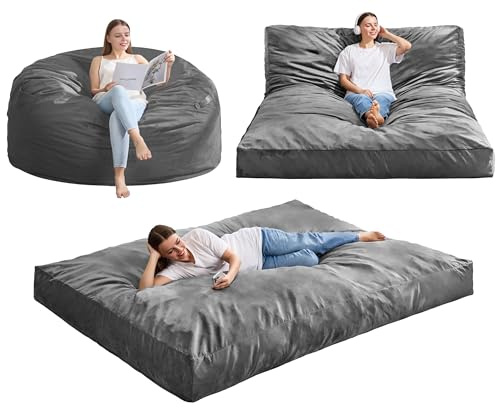 Hobestluk Giant Bean Bag Chair Bed for Adults, Large Bean Bags with High-Density Foam Filling, Convertible Big Sofa Bed Couch for Living Room, Bedroom, Playroom (Grey, Queen)