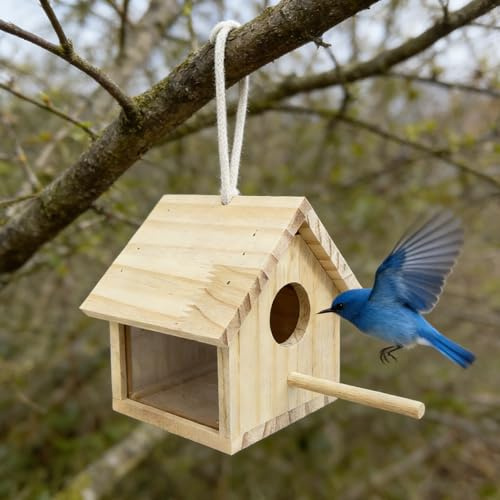 Casas para pájaros, casa para pájaros de Madera con Vista Clara, Lado acrílico Transparente, casa para de Madera Natural para Exteriores con Cuerda Colgante y Soporte para observar, decorac