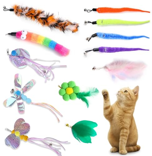 YinnFeen Jouet Chat Plume, 12 Pièces Plumes de Rechange pour Canne à Pêche Chat, Pendentifs Libellule Abeille Fleur Jouet Interactif pour Chaton et Chat Recharge Embouts