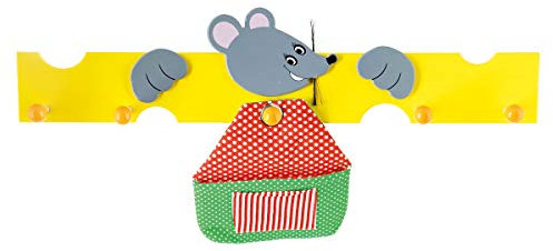 Bieco Holz Kindergarderobe Maus mit Käse | 5 Garderobenhaken | Kinder Kleiderhaken | Holzgarderobe für Kinderzimmer | Garderobenleiste Holz bunt | wardrobe | Jackenhalter | Wandgarderobe