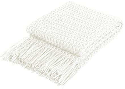 Coastline Super Soft Decorative Knit Throw Blanket for Sofa Couch Chair Bed, Lightweight Travel Blanket Nap Throw, Cashmere-like Soft and Cozy, Delicate Weave Pattern with Fring,Cream,127x152cm