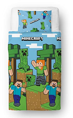Minecraft Officiellt påslakanset för enkelsäng, Episk design, blå, vändbar, dubbelsidig, påslakan, officiell produkt. Inklusive matchande örngott