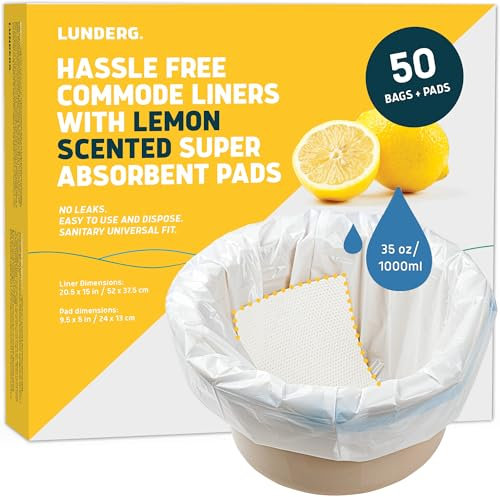 Lunderg Commode Liners with Absorbent Pads - Lemon Scent Medical Grade 50 Count Universal Fit - Disposable Bedside Commode Liners and Pads for Adult Chairs, Portable Buckets & Camping Toilet Bags