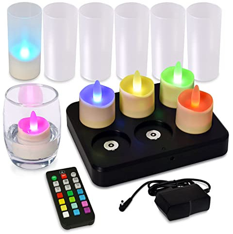 HL led teelichter wiederaufladbar, 60 Stunden Wiederaufladbare Kerzen Wasserdichte RGB Kerze mit Fernbedienung und Timer für Party SPA-Badezimmer Valentinstag Halloween Weihnachten Deko, 6 Stück,RGB