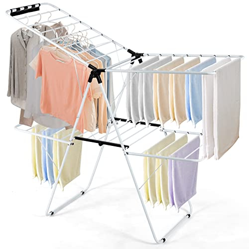 GOFLAME 2-Tier Clothes Drying Rack, Folding Laundry Dry Rack with Adjustable Supporting Bar, 26 Premium Clips, Space-Saving & Collapsible Laundry Hanger for Easy Storage, No Assembly Needed